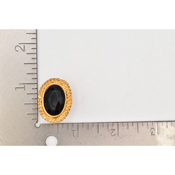 Vintage Crystal Clip On Earrings Black Oval Brushed Gold Matte Retro 1980s BinAI - Picture 12 of 12